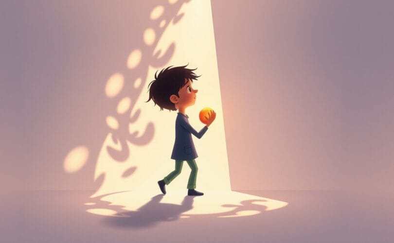 Sylwetka wyłaniająca się z cienia wpadającego blasku, unosząca świetlistą kulę nadziei.