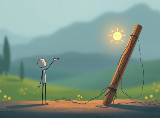 Delikatna postać utkana z nici opiera się o strukturę, jej dłoń chwyta ideę, ale nici ją powstrzymują.