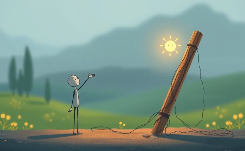 Delikatna postać utkana z nici opiera się o strukturę, jej dłoń chwyta ideę, ale nici ją powstrzymują.