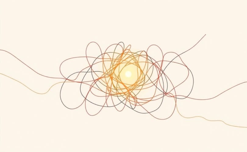 Splecione, lekko postrzępione nici w łagodnych kolorach, emanujące ciepłym światłem.