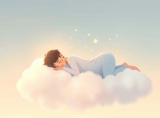 Osoba odpoczywa na chmurze, otoczona mgłą zmęczenia i iskrami nadziei.