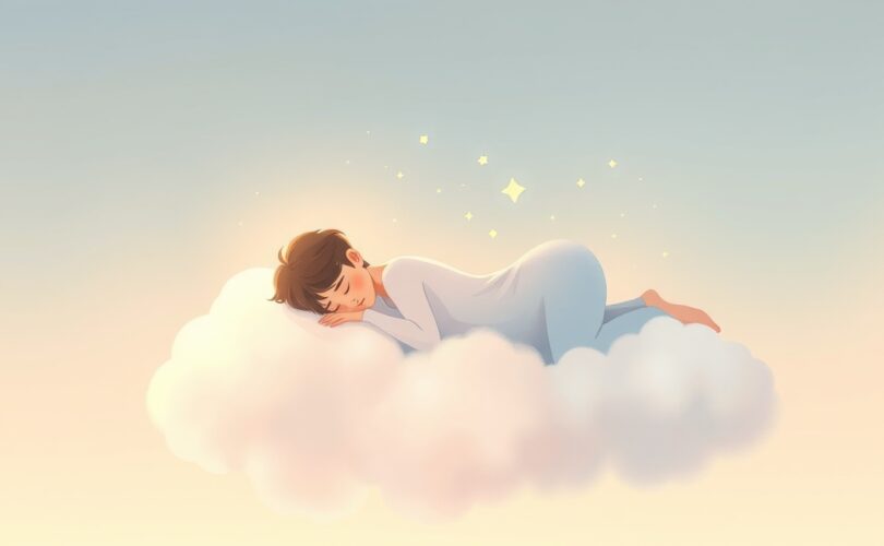 Osoba odpoczywa na chmurze, otoczona mgłą zmęczenia i iskrami nadziei.