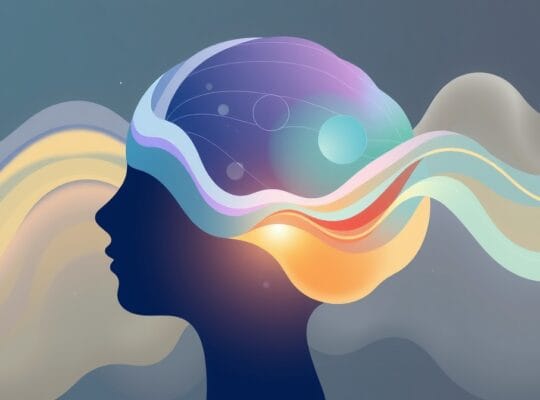 Surrealistyczna ilustracja pastelowa: mózg integruje strumienie kolorów wzroku i słuchu.