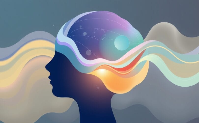 Surrealistyczna ilustracja pastelowa: mózg integruje strumienie kolorów wzroku i słuchu.