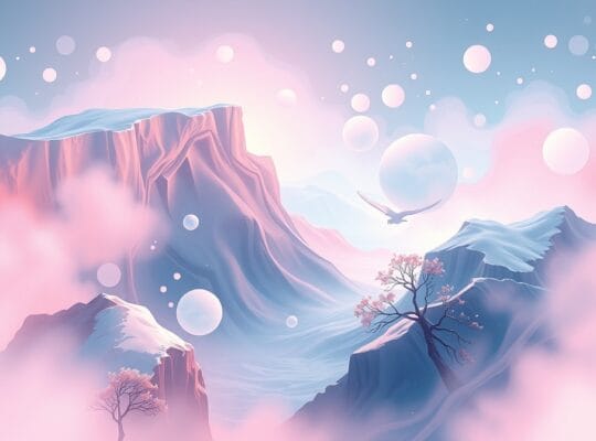 Ulotny krajobraz pamięci, barwne, senne zniekształcenia, subtelna animacja.