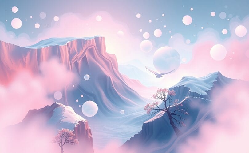 Ulotny krajobraz pamięci, barwne, senne zniekształcenia, subtelna animacja.