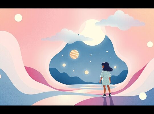 Abstrakcyjne ilustracje pastelowe, symbolizujące złożoność percepcji, iluzje optyczne.