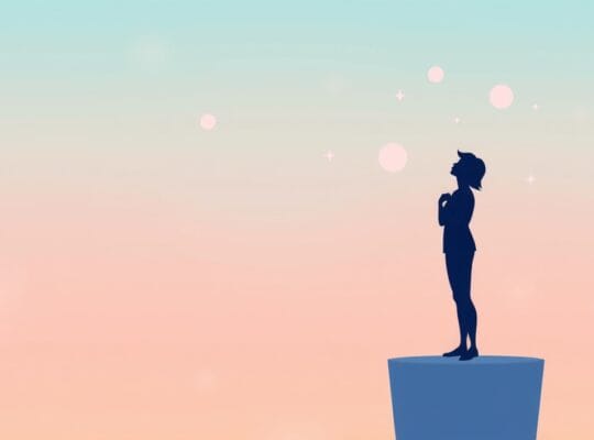 Sylwetka na platformie, ręka w górze, delikatne światła, pastelowe kolory, introspektywny nastrój.