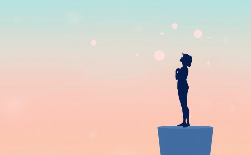 Sylwetka na platformie, ręka w górze, delikatne światła, pastelowe kolory, introspektywny nastrój.