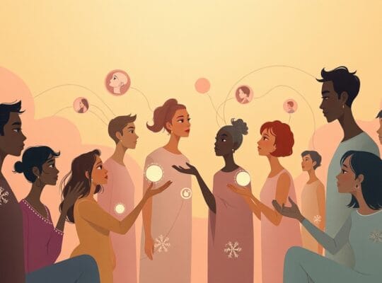 Abstrakcyjne, pastelowe postacie łączą się subtelnymi nićmi, symbolizując złudzenie wspólnego zrozumienia.