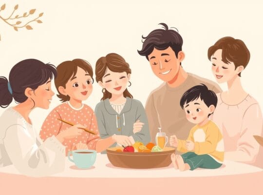 Ciepłe, pastelowe ilustracje rodzinnych więzi opartych na wdzięczności i zrozumieniu.