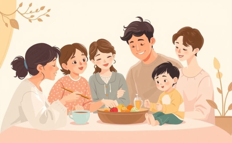 Ciepłe, pastelowe ilustracje rodzinnych więzi opartych na wdzięczności i zrozumieniu.