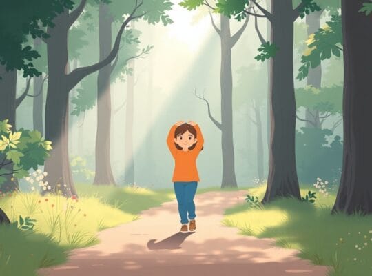 Spokojny spacer po lesie pośród zieleni, symbolizujący ukojenie psychiczne i jasność umysłu.