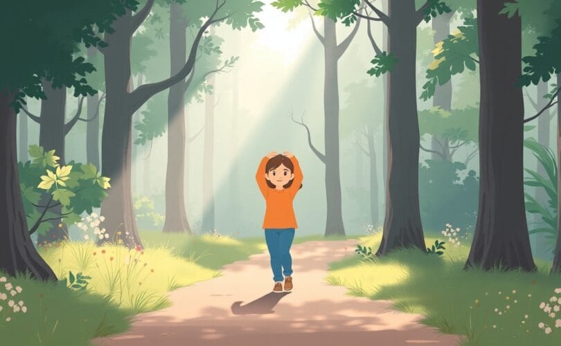 Spokojny spacer po lesie pośród zieleni, symbolizujący ukojenie psychiczne i jasność umysłu.