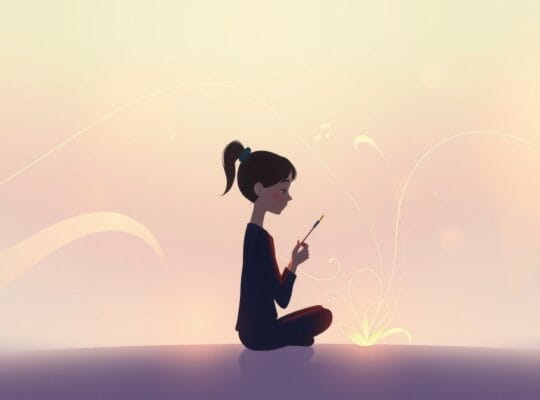 Sylwetka w otoczeniu świetlistych symboli hobby, emanująca spokojem i równowagą psychiczną.