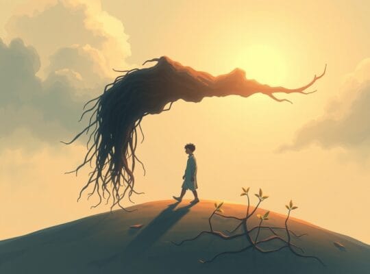 Symboliczne przedstawienie uwolnienia od ciężaru, transformacja ciemności w jasność i wzrost poprzez przebaczenie.