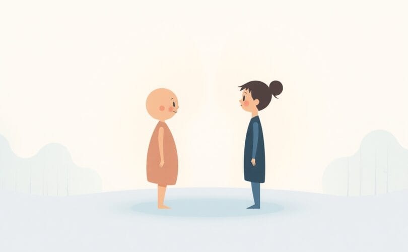 Subtelna ilustracja dwóch postaci tworzących delikatną przestrzeń, symbol bezpiecznej relacji.