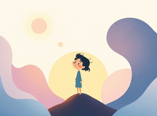 Symboliczna ilustracja stabilności w wirze zmian, inspirowana kojącą animacją dziecięcą.