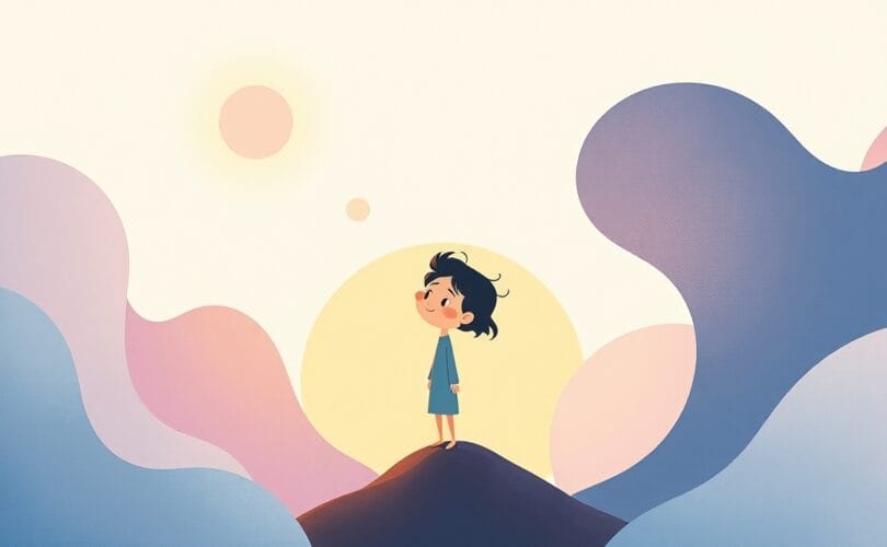 Symboliczna ilustracja stabilności w wirze zmian, inspirowana kojącą animacją dziecięcą.