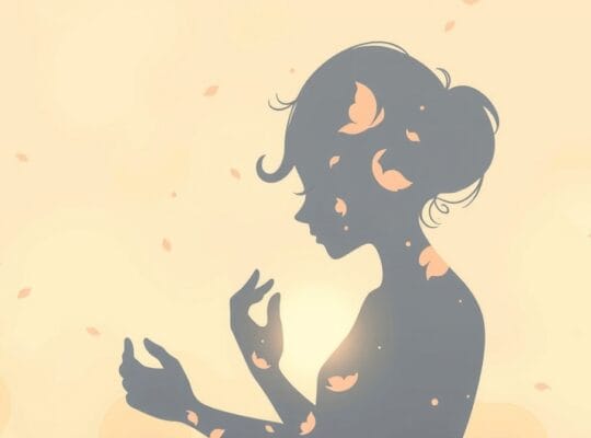 Figura obejmuje własną sylwetkę stworzoną z delikatnych, abstrakcyjnych kształtów i światła.