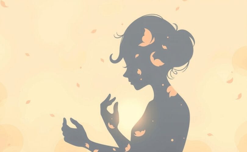 Figura obejmuje własną sylwetkę stworzoną z delikatnych, abstrakcyjnych kształtów i światła.