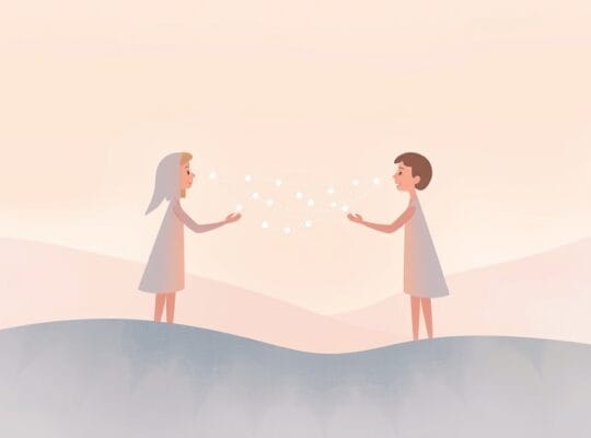 Dwie abstrakcyjne postacie, symbolizujące porozumienie, łączą się w pastelowej kolorystyce.