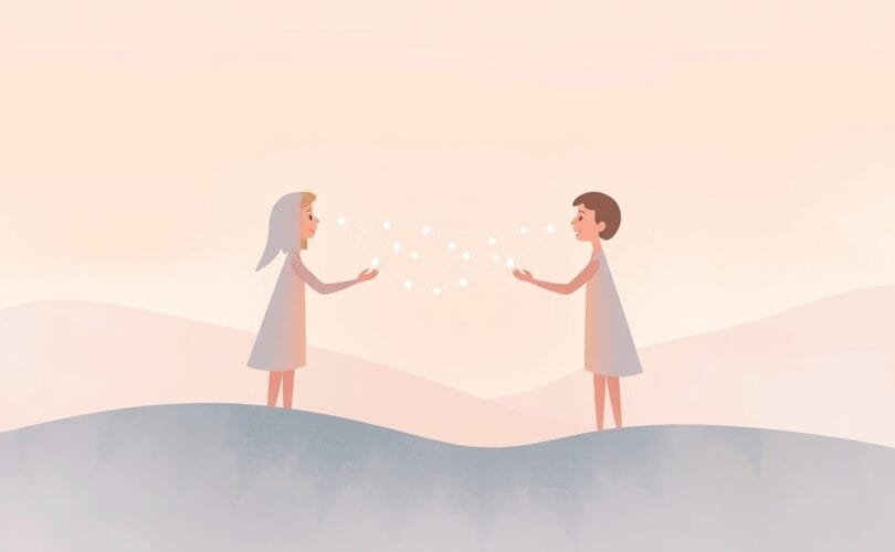 Dwie abstrakcyjne postacie, symbolizujące porozumienie, łączą się w pastelowej kolorystyce.