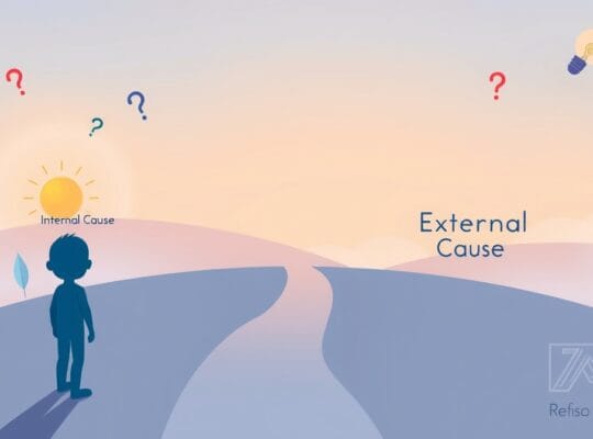 Rozwidlona ścieżka: wewnętrzna vs. zewnętrzna przyczyna, ilustracja pastelowa.