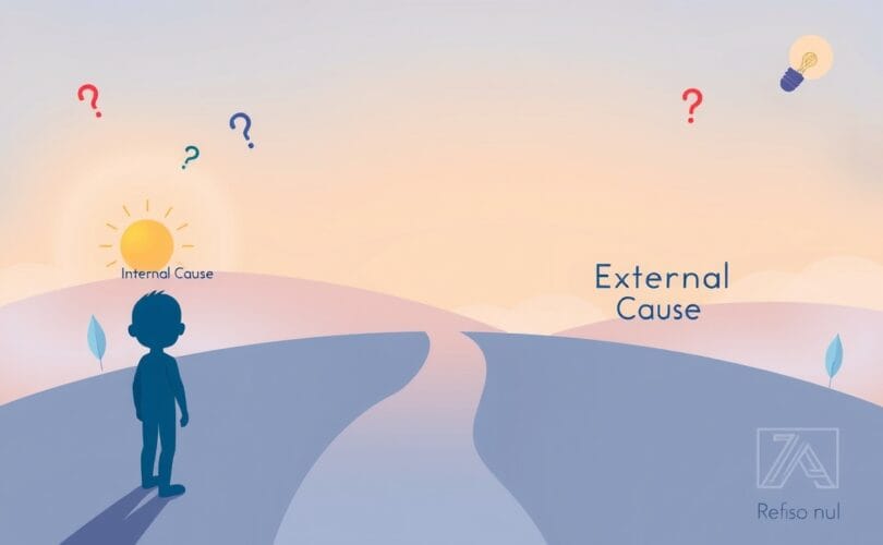 Rozwidlona ścieżka: wewnętrzna vs. zewnętrzna przyczyna, ilustracja pastelowa.