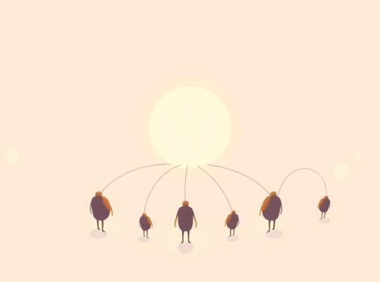 Miękkie ilustracje: grupy kształtów przyciągane do centrum, symbolizujące przynależność.