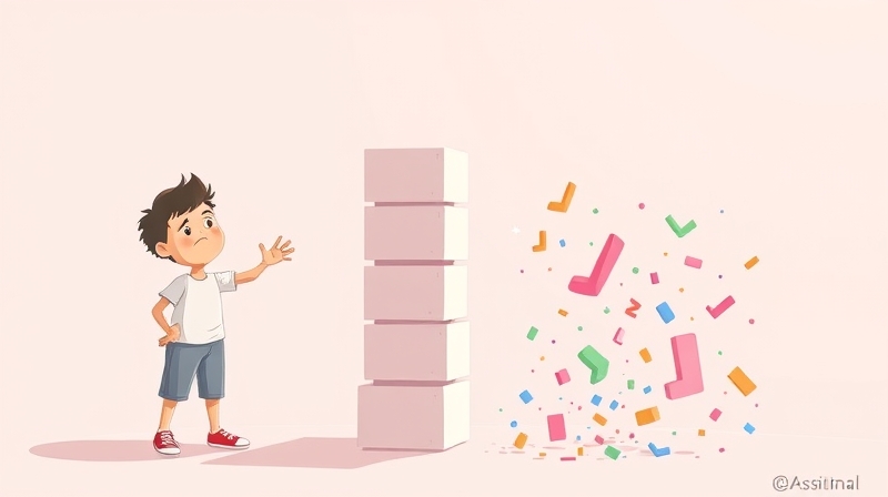 Postać z trudem balansuje identyczne klocki, jeden zamienia się w świetlisty kształt chaosu.