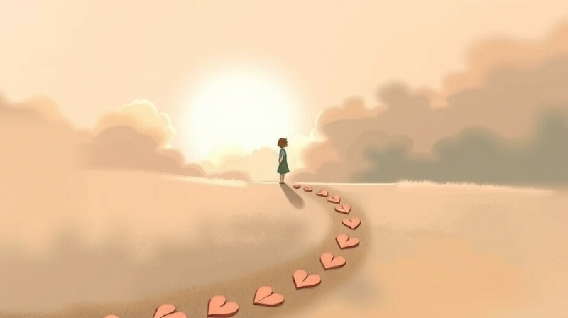 Droga z łamanych serc prowadząca do rozmytej postaci, nad którą wschodzi nadzieja.