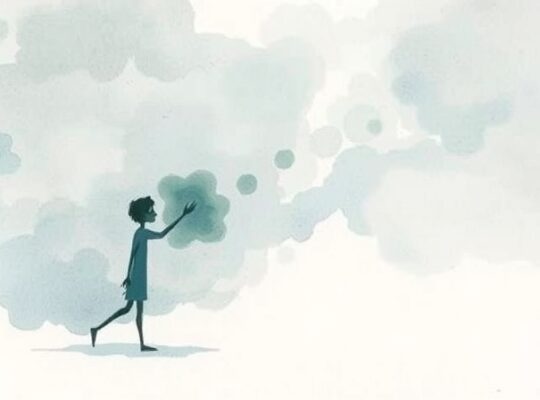 Eteryczna akwarela: samotna, przejrzysta postać trzyma obłok winy w pastelowych barwach.