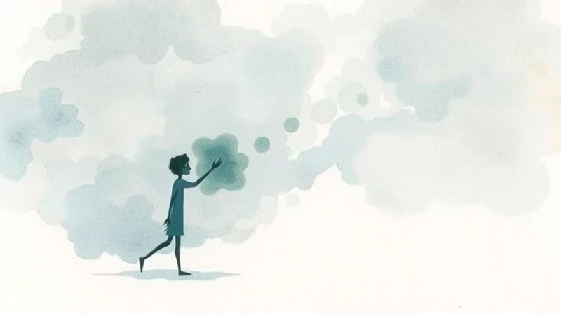 Eteryczna akwarela: samotna, przejrzysta postać trzyma obłok winy w pastelowych barwach.