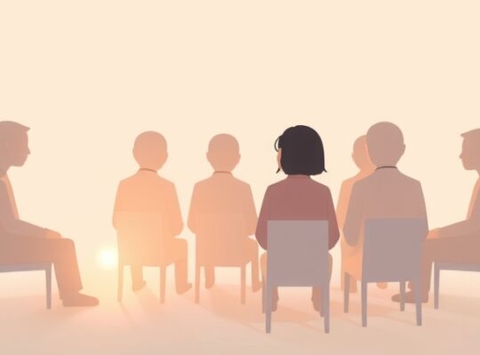 Miękkie pastelowe postacie w surrealistycznym kręgu, jedna oddalająca się ze słabszym blaskiem.