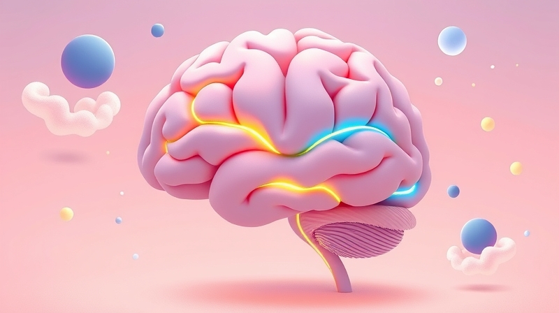 Stylizowany mózg z żółtym szlakiem ekscytacji i niebieskim szlakiem strachu, splatających się ze sobą.