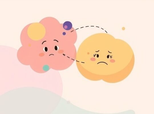 Pastelowe bańki myśli, jedna z postacią zagubioną, druga ze zrozumieniem.