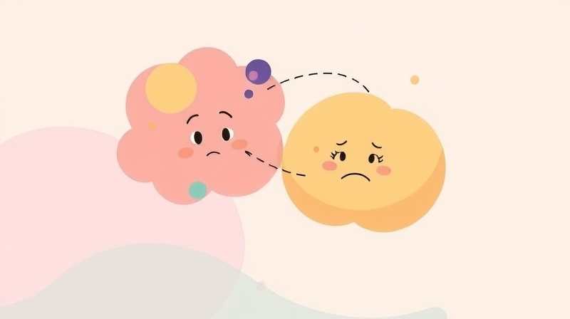 Pastelowe bańki myśli, jedna z postacią zagubioną, druga ze zrozumieniem.