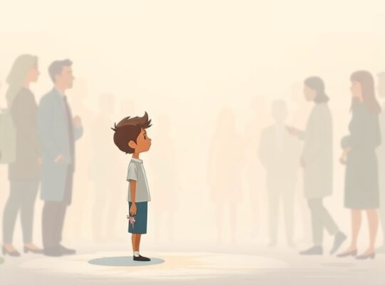 Samotna postać spogląda z wahaniem na rozmyty tłum, trzymając symbol indywidualności.