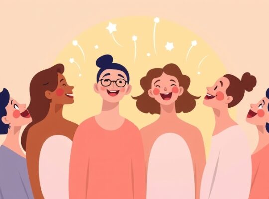 Abstrakcyjne postacie śmieją się razem, tworząc aurę ciepła i połączenia.