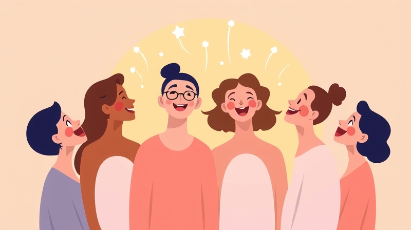 Abstrakcyjne postacie śmieją się razem, tworząc aurę ciepła i połączenia.