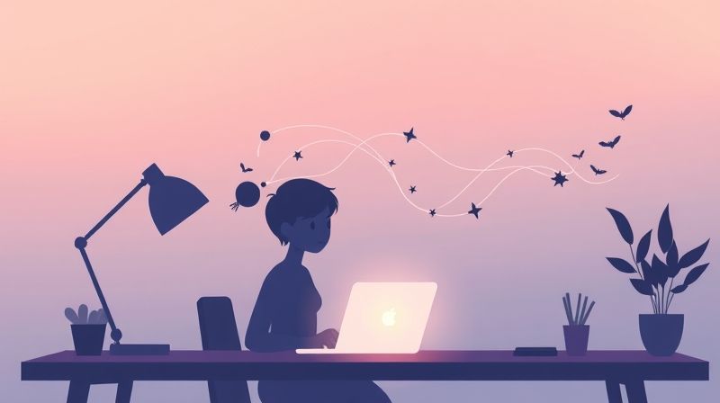 Sylwetka przy laptopie, uwalniająca się od pracowych, eterycznych wątków.
