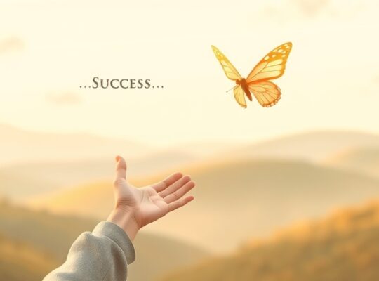 Osoba sięga po ulotny motyl „Sukces” na tle łagodnego krajobrazu.