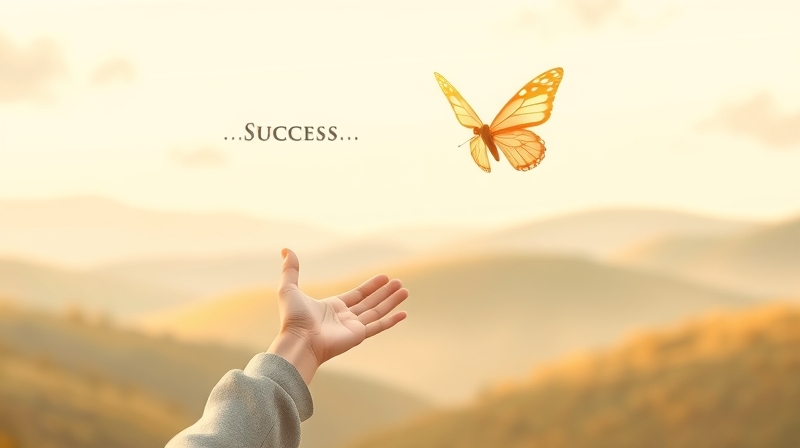 Osoba sięga po ulotny motyl „Sukces” na tle łagodnego krajobrazu.