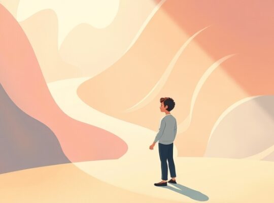 Postać kontempluje rozdroża ścieżek, symbolizujące opinie i indywidualny wybór.