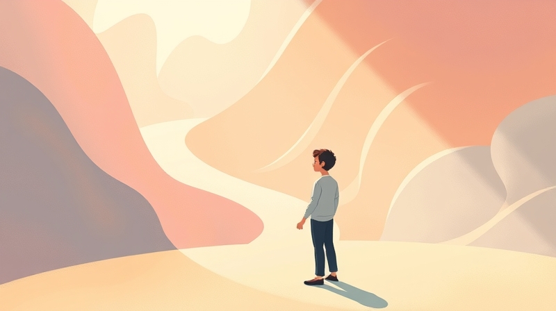 Postać kontempluje rozdroża ścieżek, symbolizujące opinie i indywidualny wybór.