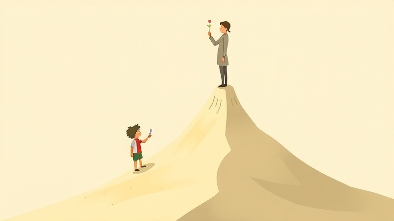 Nierealistyczna pewność siebie: mała postać na piaskowej górce, ekspert obserwuje delikatnie.