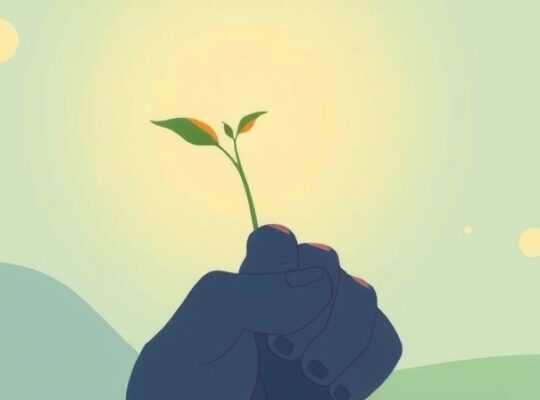 Stylizowana ilustracja: kiełkujące nasionko z zaciśniętej pięści ku światłu.