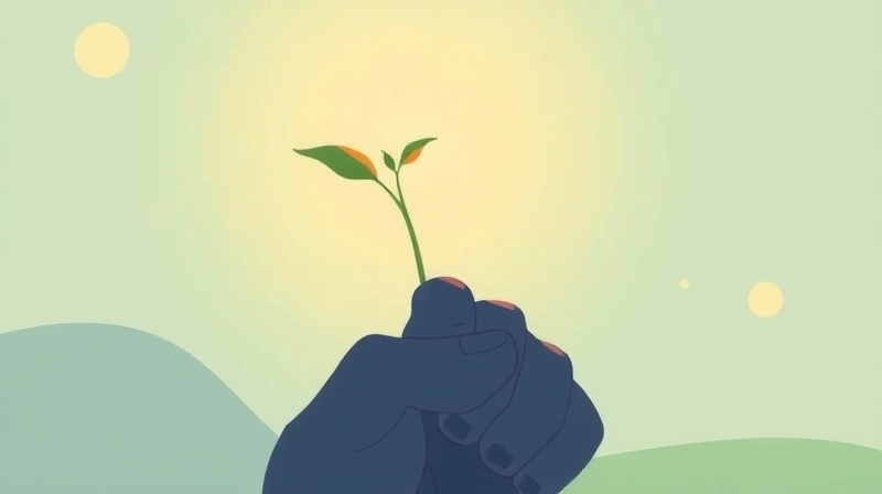 Stylizowana ilustracja: kiełkujące nasionko z zaciśniętej pięści ku światłu.