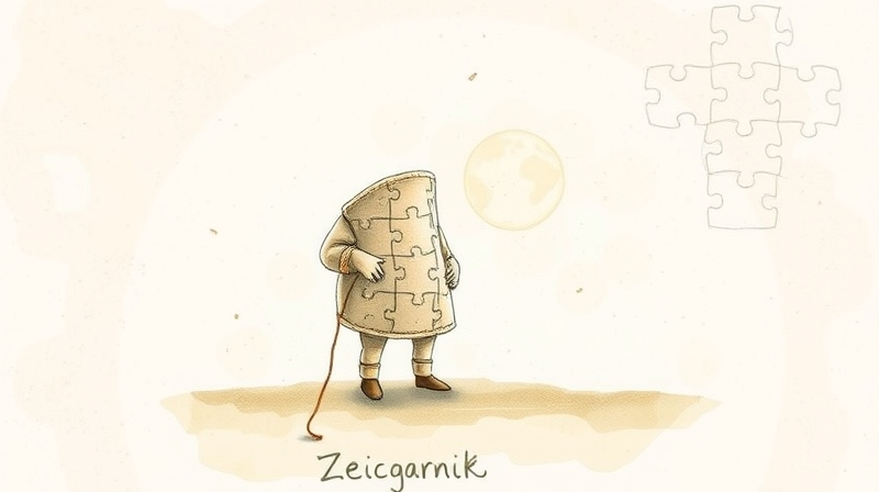 Artystyczna ilustracja niezakończonego zadania, symbolizująca efekt Zeigarnik, z delikatną paletą barw.